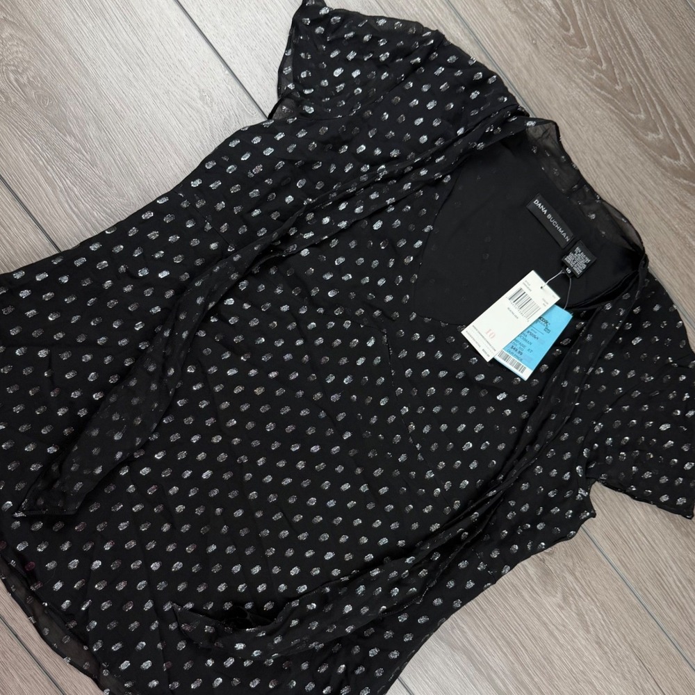 Dana Buchman Womens Silk Blend Metallic Polka Dot V-Neck Top Black Silver 10